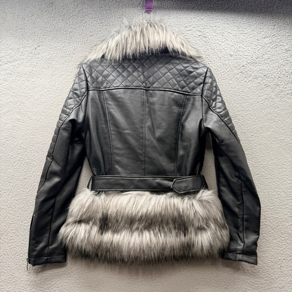 Azalea Wang Empire Bonded Faux Leather Fur Moto Long Sleeve Bomber Jacket Size L - Picture 7 of 13